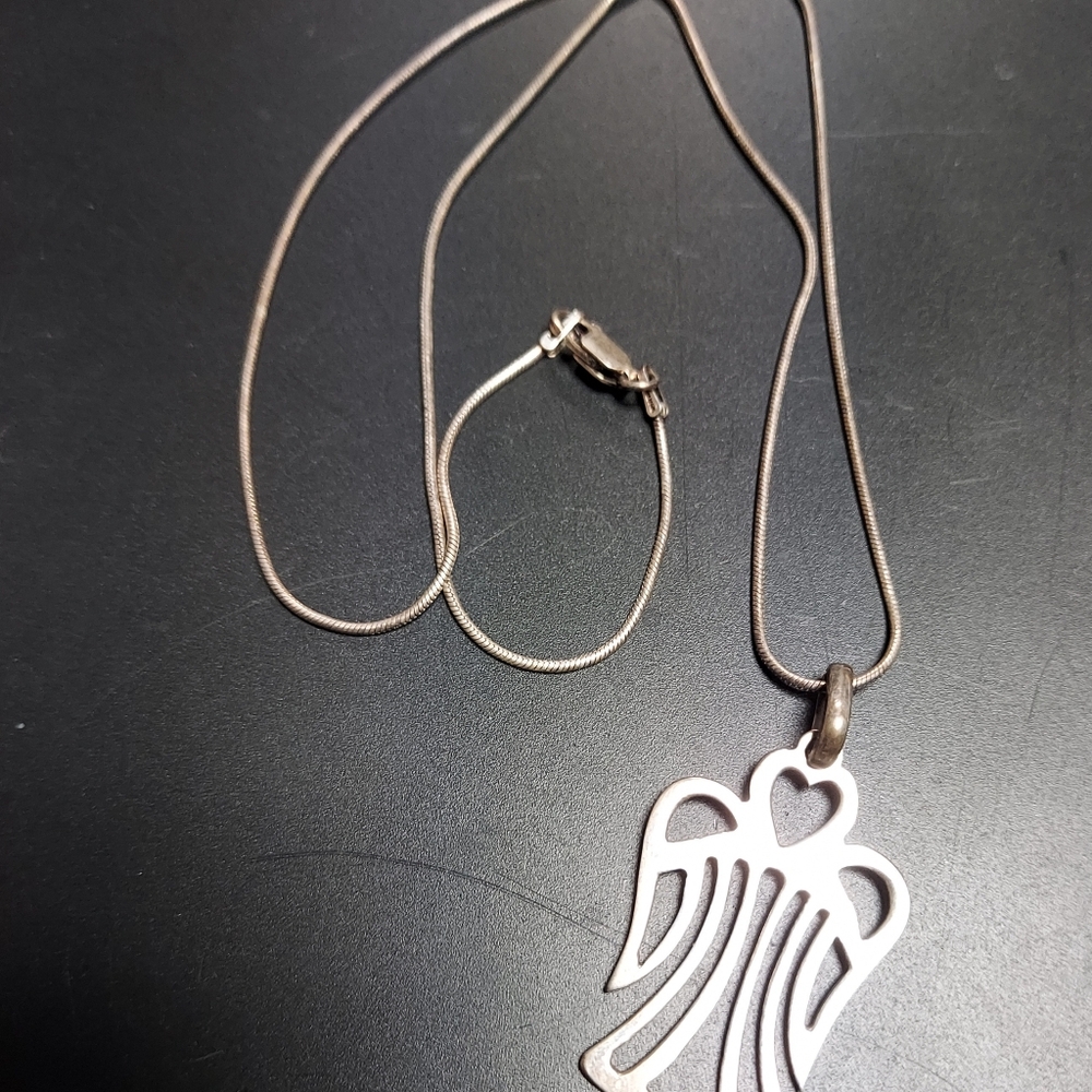 Sterling Silver Angel Heart Pendant Charm 18" Snake Chain Necklace 1 3/8" tall